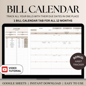 Bill Tracker Spreadsheet, Bill Calendar Google Sheets, Bill Planner, Bill Payment Tracker, Personal Finance, Bill Subscriptions Debt Tracker