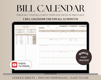 Hoja de cálculo de seguimiento de facturas, Hojas de cálculo de Google para calendario de facturas, Planificador de facturas, Seguimiento de pagos de facturas, Finanzas personales, Seguimiento de deudas por suscripciones de facturas