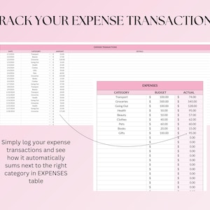 May include: A pink and white printable budget tracker with a table for tracking expenses. The table includes columns for date, category, amount, and details. The table also includes a section for expenses with columns for category, budget, and actual. The text "TRACK YOUR EXPENSE TRANSACTIONS" is at the top of the page.