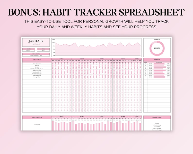 May include: A pink habit tracker spreadsheet with the text "BONUS: HABIT TRACKER SPREADSHEET". The spreadsheet includes sections for daily and weekly habits, with space to track progress. The text "JANUARY" is visible at the top.