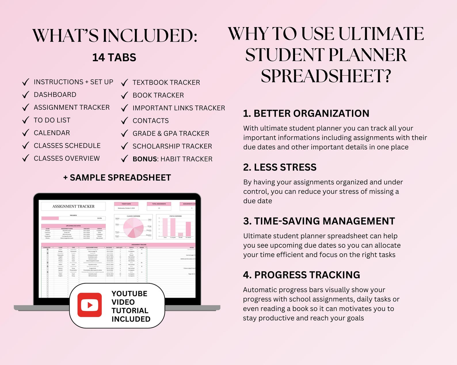 Ultimate Student Planner Spreadsheet, Assignment Tracker Google Sheets ...