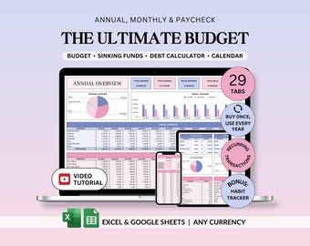 May include: A digital budget planner displayed on a laptop, tablet, and smartphone screen. The interface features an annual overview, pie charts, and financial tables with text including THE ULTIMATE BUDGET, 29 TABS, and VIDEO TUTORIAL.