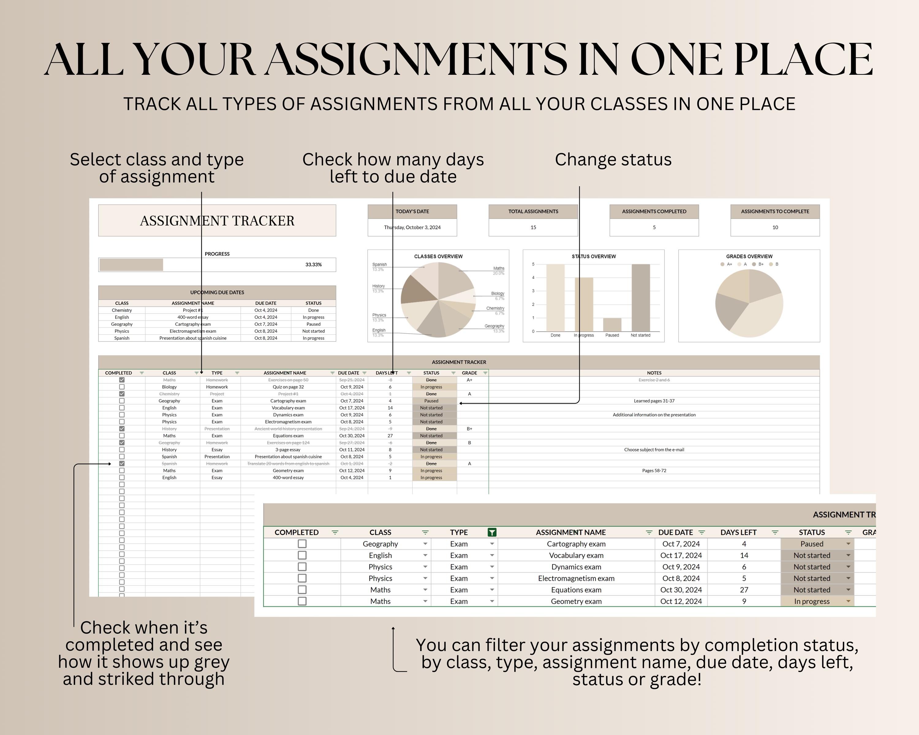Simple Student Planner Spreadsheet, Assignment Tracker Google Sheets ...