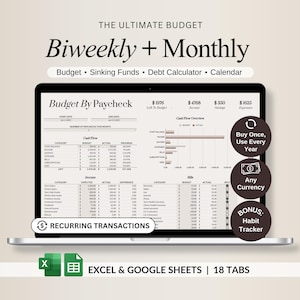 Op de afbeelding: Een laptopscherm met een digitale budgetplanner genaamd Budget By Paycheck met secties voor tweewekelijkse en maandelijkse tracking, reserveringsfondsen, schuldencalculator en een kalender. De interface bevat tabellen voor cashflow en inkomsten.