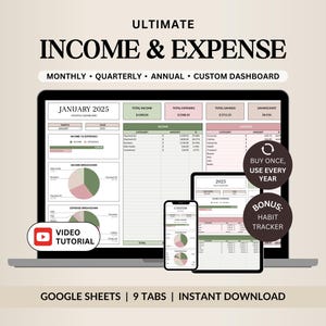Income and Expense Tracker Spreadsheet, Personal Financial Planner, Small Business Bookkeeping, Annual Monthly Expense Tracker Google Sheets