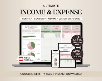 Income and Expense Tracker Spreadsheet, Personal Financial Planner, Small Business Bookkeeping, Annual Monthly Expense Tracker Google Sheets