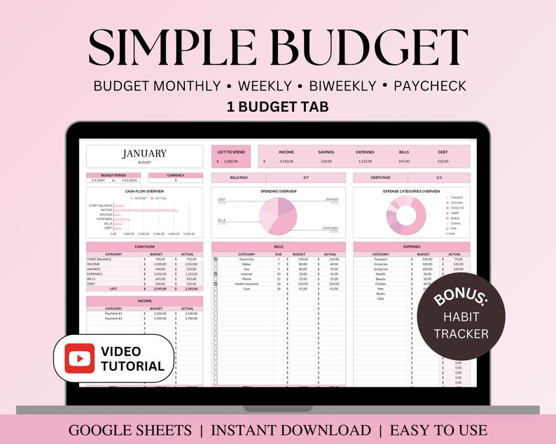 May include: A pink and white Google Sheets budget template for January. The template includes sections for income, savings, expenses, bills, debt, and a cash flow overview. It also includes a bonus habit tracker.