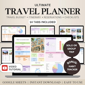 Travel Planner Google Sheets, Digital Trip Planner, Travel Itinerary, Holiday Packing List, Checklist, Vacation Budget, Travel Spreadsheet