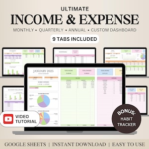 Income and Expense Tracker Spreadsheet, Personal Financial Planner, Small Business Bookkeeping, Annual Monthly Expense Tracker Google Sheets
