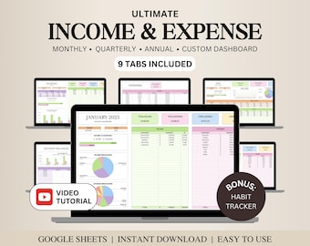 Income and Expense Tracker Spreadsheet, Personal Financial Planner, Small Business Bookkeeping, Annual Monthly Expense Tracker Google Sheets