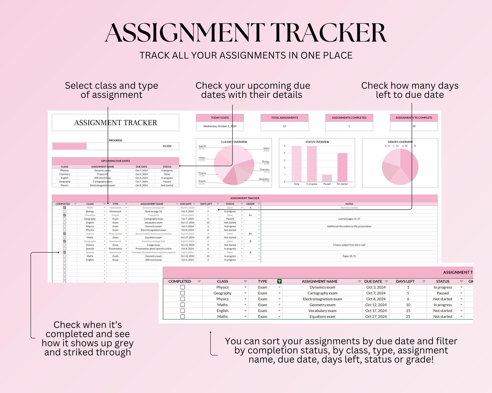 Ultimate Student Planner Spreadsheet, Assignment Tracker Google Sheets ...