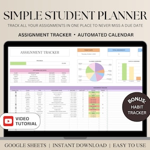 Simple Student Planner Spreadsheet, Assignment Tracker Google Sheets, Student Assignment Tracker Spreadsheet, Academic, School Planner