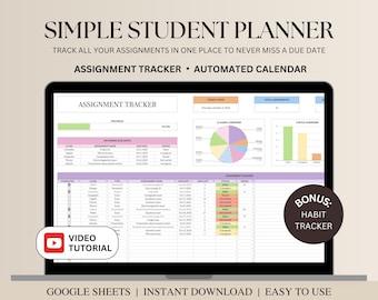 Simple Student Planner Spreadsheet, Assignment Tracker Google Sheets, Student Assignment Tracker Spreadsheet, Academic, School Planner
