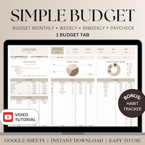 Puede incluir: Una pantalla de ordenador que muestra una hoja de cálculo de Google Sheets con una plantilla de presupuesto simple. La hoja de cálculo se titula "Presupuesto de enero" e incluye secciones para ingresos, ahorros, gastos, facturas y deudas. La hoja de cálculo también incluye un gráfico circular que muestra las categorías de gastos. El texto "BONUS: SEGUIMIENTO DE HÁBITOS" se muestra en un cuadro marrón en la esquina inferior derecha de la pantalla.