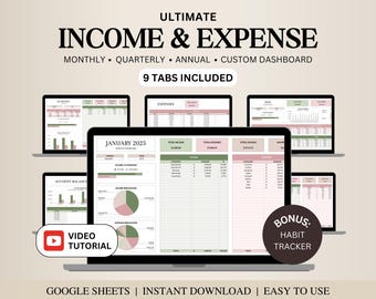 Income and Expense Tracker Spreadsheet, Personal Financial Planner, Small Business Bookkeeping, Annual Monthly Expense Tracker Google Sheets