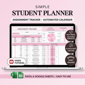 Planilha simples de planejamento estudantil, rastreador de tarefas no Google Sheets, planilha de controle de tarefas estudantis no Excel, planejamento acadêmico e escolar.