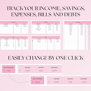 May include: A pink and white printable budget tracker spreadsheet with the text "TRACK YOUR INCOME, SAVINGS, EXPENSES, BILLS AND DEBTS" at the top. The spreadsheet is divided into sections for income, savings, expenses, bills, and debt. The spreadsheet also includes a section for "LEFT TO BUDGET" and "LEFT TO SPEND".