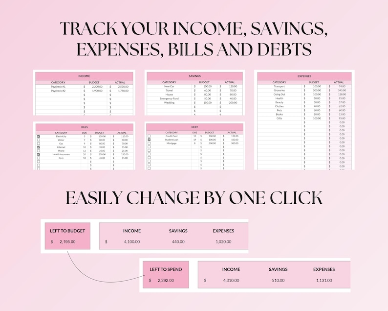 May include: A pink and white printable budget tracker spreadsheet with the text "TRACK YOUR INCOME, SAVINGS, EXPENSES, BILLS AND DEBTS" at the top. The spreadsheet is divided into sections for income, savings, expenses, bills, and debt. The spreadsheet also includes a section for "LEFT TO BUDGET" and "LEFT TO SPEND".