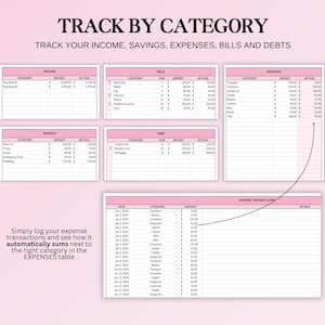 May include: A pink and white spreadsheet titled "TRACK BY CATEGORY" with sections for income, savings, expenses, bills, and debts. The text "TRACK YOUR INCOME, SAVINGS, EXPENSES, BILLS AND DEBTS" is displayed above the tables. The image includes a section for expense transactions.