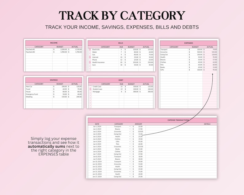 May include: A pink and white spreadsheet titled "TRACK BY CATEGORY" with sections for income, savings, expenses, bills, and debts. The text "TRACK YOUR INCOME, SAVINGS, EXPENSES, BILLS AND DEBTS" is displayed above the tables. The image includes a section for expense transactions.