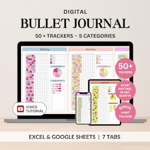 Planificador digital de Bullet Journal: Registro anual de estado de ánimo, lectura, actividad física y hábitos (Hojas de cálculo de Google Excel)