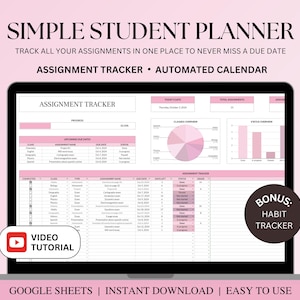 Simple Student Planner Spreadsheet, Assignment Tracker Google Sheets, Student Assignment Tracker Spreadsheet, Academic, School Planner