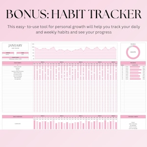 May include: A pink and white habit tracker for January with a progress chart, daily habits, and weekly overview sections. The tracker includes a progress circle showing 210/270 completed.