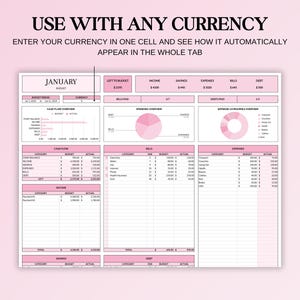 May include: A pink and white spreadsheet template with the text "USE WITH ANY CURRENCY" and "ENTER YOUR CURRENCY IN ONE CELL AND SEE HOW IT AUTOMATICALLY APPEAR IN THE WHOLE TAB". The spreadsheet includes sections for budget, income, and expenses.