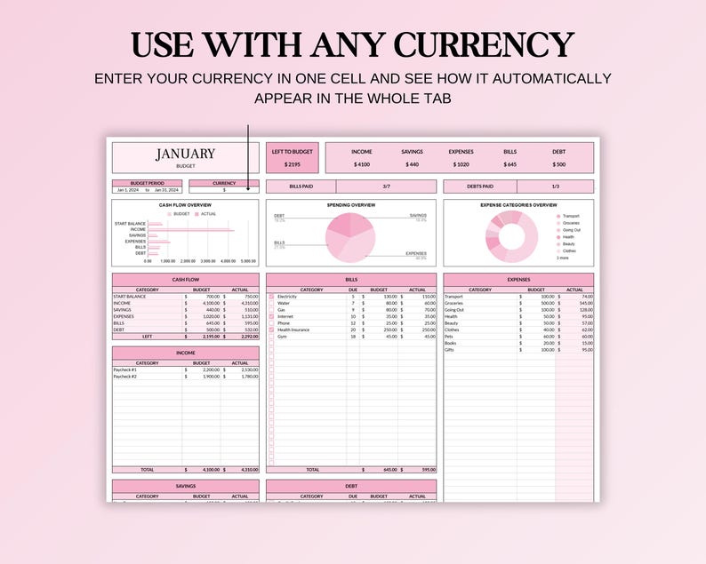 May include: A pink and white spreadsheet template with the text "USE WITH ANY CURRENCY" and "ENTER YOUR CURRENCY IN ONE CELL AND SEE HOW IT AUTOMATICALLY APPEAR IN THE WHOLE TAB". The spreadsheet includes sections for budget, income, and expenses.