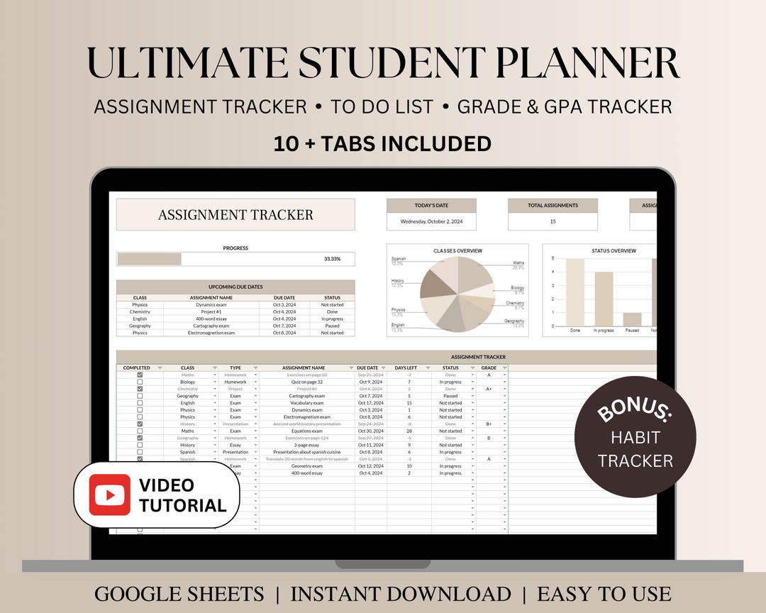 Ultimate Student Planner Spreadsheet, Assignment Tracker Google Sheets ...