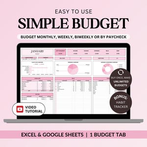 Op de afbeelding: Een digitaal budgetsjabloon weergegeven op een laptopscherm. Het scherm toont een roze en witte spreadsheet met de tekst "SIMPLE BUDGET" en "EASY TO USE". Extra tekst omvat "BUDGET MONTHLY, WEEKLY, BIWEEKLY OR BY PAYCHECK", "EXCEL & GOOGLE SHEETS | 1 BUDGET TAB" en "VIDEO TUTORIAL".
