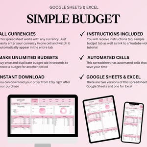 May include: A digital product advertisement for a simple budget spreadsheet compatible with Google Sheets and Excel. The image shows a computer monitor, tablet, and smartphone displaying the spreadsheet. Text highlights features like all currencies, unlimited budgets, and instant download.
