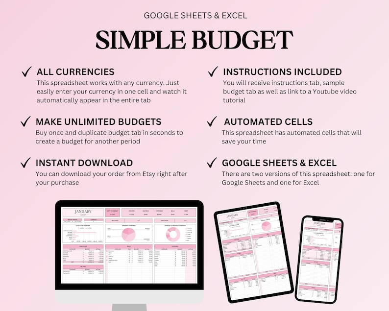 May include: A digital product advertisement for a simple budget spreadsheet compatible with Google Sheets and Excel. The image shows a computer monitor, tablet, and smartphone displaying the spreadsheet. Text highlights features like all currencies, unlimited budgets, and instant download.