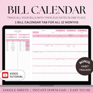 Bill Tracker Spreadsheet, Bill Calendar Google Sheets, Bill Planner, Bill Payment Tracker, Personal Finance, Bill Subscriptions Debt Tracker