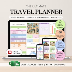 May include: A laptop, tablet, and smartphone displaying a travel planner interface. The screen shows a trip dashboard, itinerary, and budget sections. The text reads "THE ULTIMATE TRAVEL PLANNER" and includes features like "AUTO-SYNCED PLANNER" and "MULTIPLE CURRENCIES."