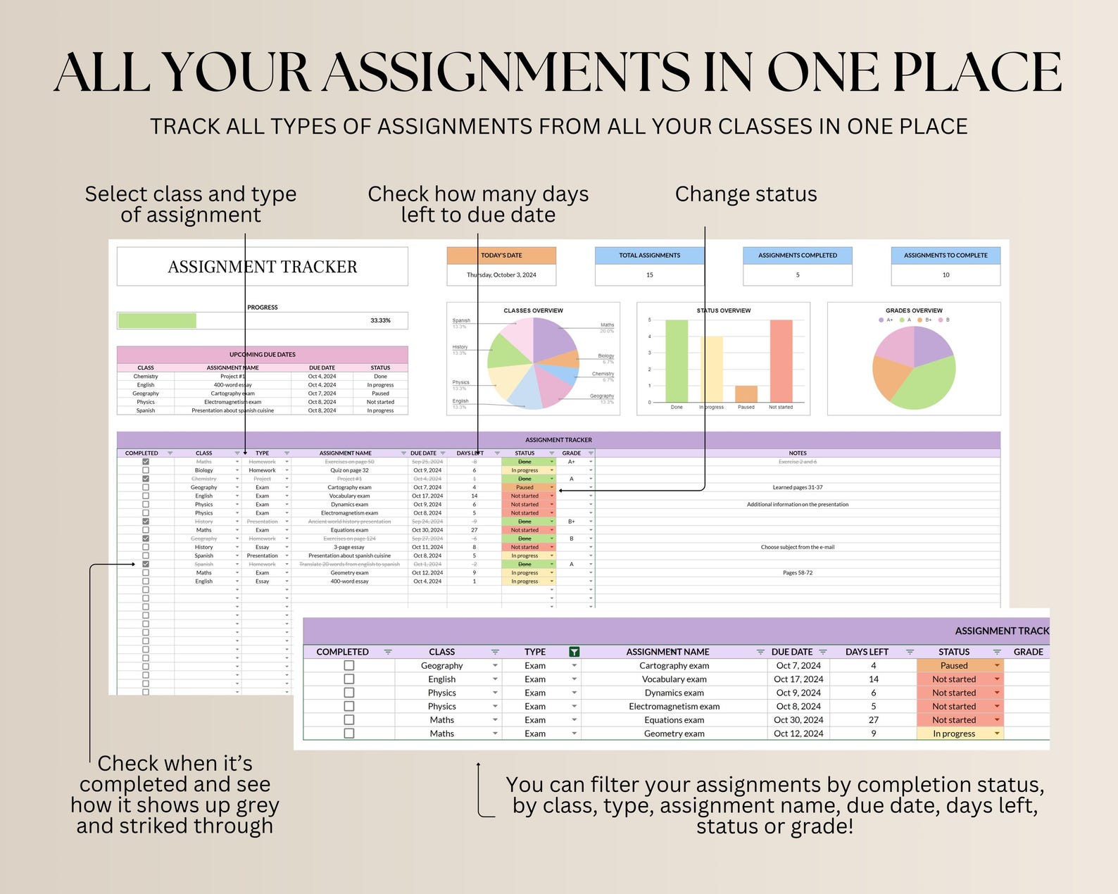 Simple Student Planner Spreadsheet, Assignment Tracker Google Sheets ...