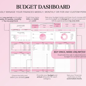 May include: A pink and white budget dashboard template with text that reads "BUDGET DASHBOARD". The template includes sections for tracking income, expenses, and savings, with charts and graphs. Text includes "BUY ONCE, MAKE UNLIMITED BUDGETS".