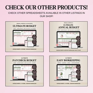 May include: Image featuring four digital product mockups. Each mockup displays a spreadsheet on a laptop, tablet, and phone. Text at the top reads "CHECK OUR OTHER PRODUCTS!" and "CHECK OTHER SPREADSHEETS AVAILABLE IN OTHER LISTINGS IN OUR SHOP!"