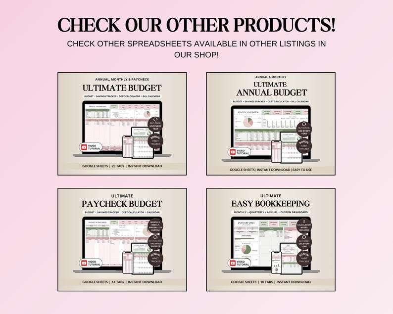 May include: Image featuring four digital product mockups. Each mockup displays a spreadsheet on a laptop, tablet, and phone. Text at the top reads "CHECK OUR OTHER PRODUCTS!" and "CHECK OTHER SPREADSHEETS AVAILABLE IN OTHER LISTINGS IN OUR SHOP!"