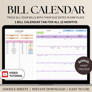 Bill Tracker Spreadsheet, Bill Calendar Google Sheets, Bill Planner, Bill Payment Tracker, Personal Finance, Bill Subscriptions Debt Tracker
