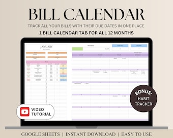 Hoja de cálculo de seguimiento de facturas, Hojas de cálculo de Google para calendario de facturas, Planificador de facturas, Seguimiento de pagos de facturas, Finanzas personales, Seguimiento de deudas por suscripciones de facturas