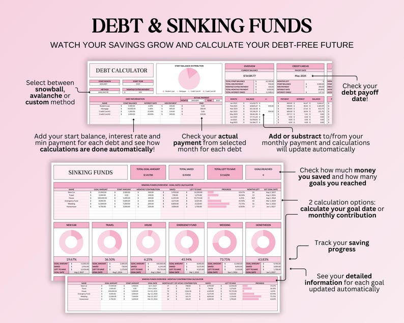 Pink Paycheck Budget Spreadsheet With Debt, Bill, Savings Tracker ...