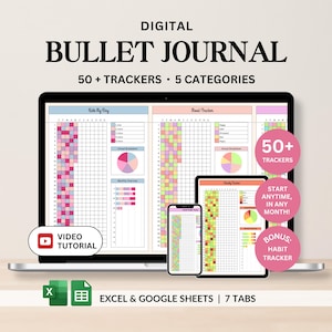 Bullet Journal Planner Digital: Årsrapporter med humör-, läs-, fitness- och vanespårare (Google Sheets Excel)