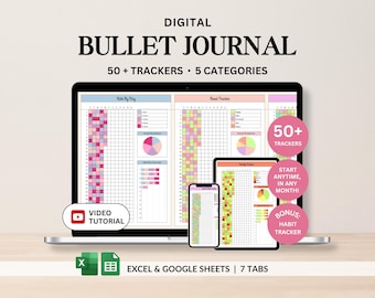 Bullet Journal Planner Digital: Årsrapporter med humör-, läs-, fitness- och vanespårare (Google Sheets Excel)