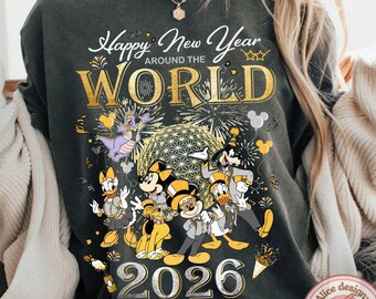 Vintage Happy New Year 2026 Epcot Disney T-shirt Sweatshirt Mickey & friends WDW Family trip Christmas New Year Eve Party matching shirts