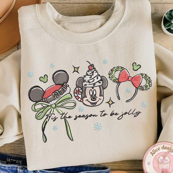 EMBROIDERED Coquette Mickey Tis the season to be Jolly Christmas Sweatshirt Tshirt Hoodie, WDW Disneyland Christmas Embroidery shirt