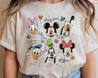 Watercolor Mickey & friends signatures Shirt, WDW Disneyland trip Shirt, Family Besties Girls trip matching shirt
