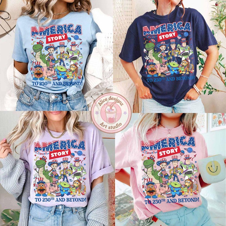 May include: Four t-shirts in light blue, navy, lavender, and pink, each with a graphic that reads "AMERICA STORY" and "TO 250TH AND BEYOND!". The design features cartoon characters in patriotic outfits.
