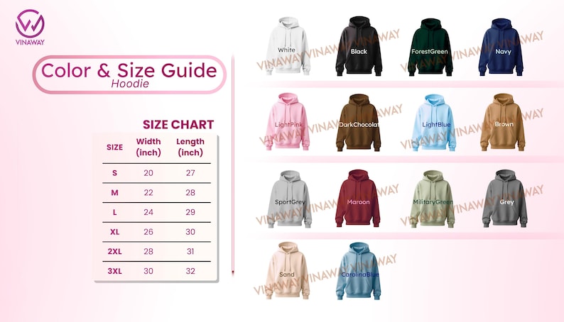 May include: Color and Size Guide for hoodies, featuring a size chart with width and length in inches. The image displays various hoodie colors, including white, black, forest green, and navy. Sizes range from S to 3XL.