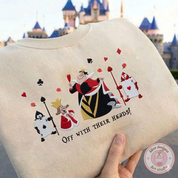 Camiseta, sudadera con capucha y bordado de la Reina de los Corazones de Disney, con la frase "¡Que les corten la cabeza!". Camiseta bordada de los villanos de Alicia en el País de las Maravillas.